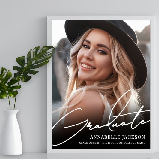 Black White Simple Photo Graduation Party Sign ポスター