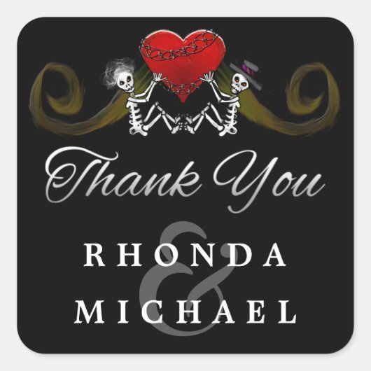 Black White Skeletons Heart Thank You Label スクエアシール (正面)