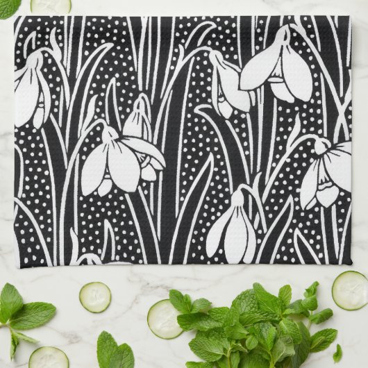 Black & White Snowdrop Pattern  キッチンタオル (折り畳み)