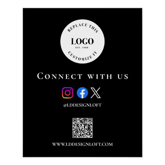 Black White Social QR code website Custom logo ポスター (正面)