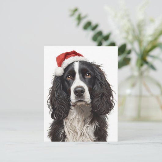 Black & White Spaniel Santa Hat Xmas Art シーズンカード (スタンド正面)