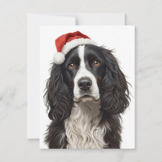 Black & White Spaniel Santa Hat Xmas Art シーズンカード