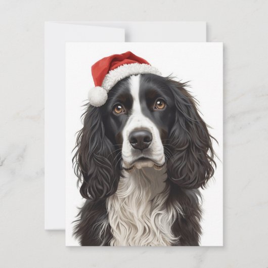 Black & White Spaniel Santa Hat Xmas Art シーズンカード (正面)