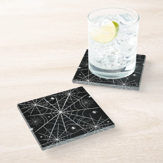 Black White Spider Web Pattern Gothic Spooky ガラスコースター (アングル)