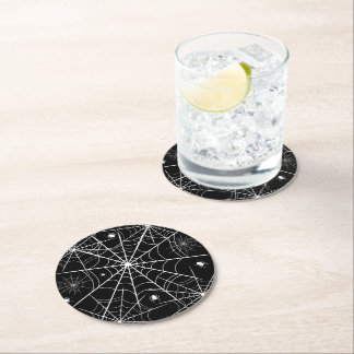 Black White Spider Web Pattern Spooky Gothic ラウンドペーパーコースター