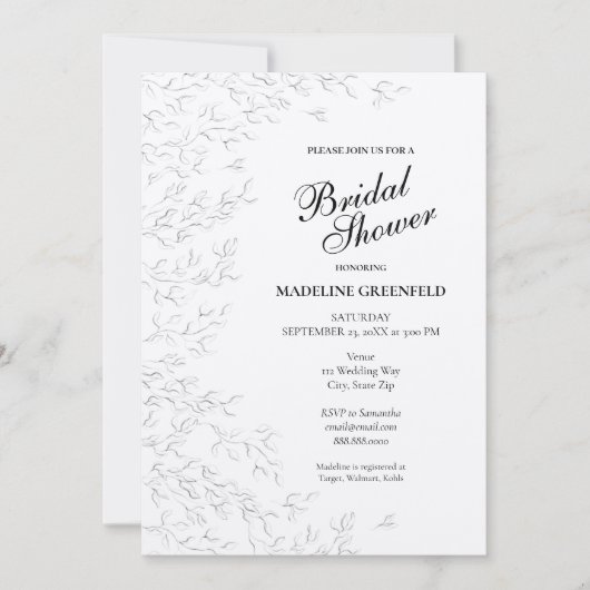 Black & White Spring Leaves Floral Bridal Shower 招待状 (正面)