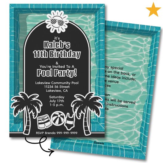 Black White Sticker Pool Party Birthday Invitation 招待状