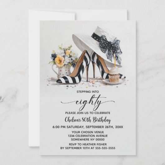 Black White Striped High Heel Shoes 80th Birthday 招待状 (正面)