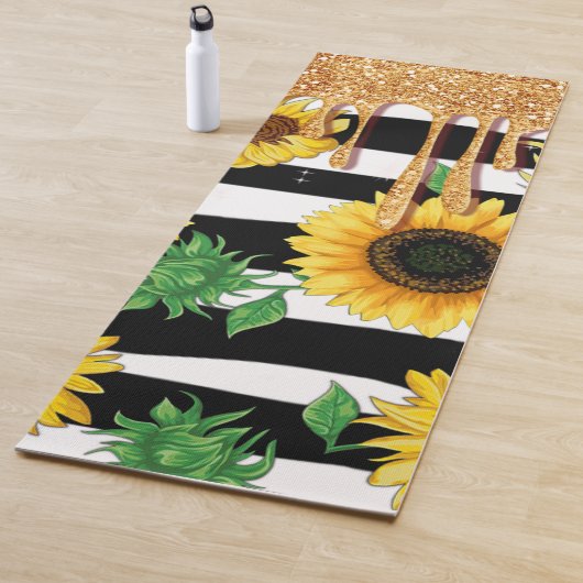 Black & White Striped Yoga Mat with Sunflowers  ヨガマット (インサイチュ)