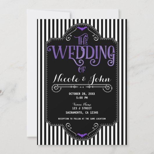 Black White Stripes Purple Gothic Bat Wedding 招待状 (正面)