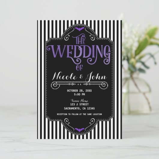 Black White Stripes Purple Gothic Bat Wedding 招待状 (スタンド正面)