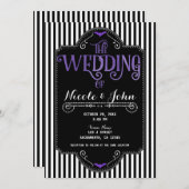 Black White Stripes Purple Gothic Bat Wedding 招待状 (正面/裏面)