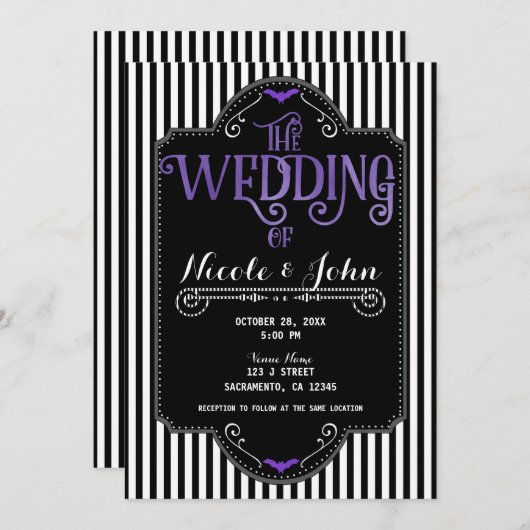 Black White Stripes Purple Gothic Bat Wedding 招待状 (正面/裏面)