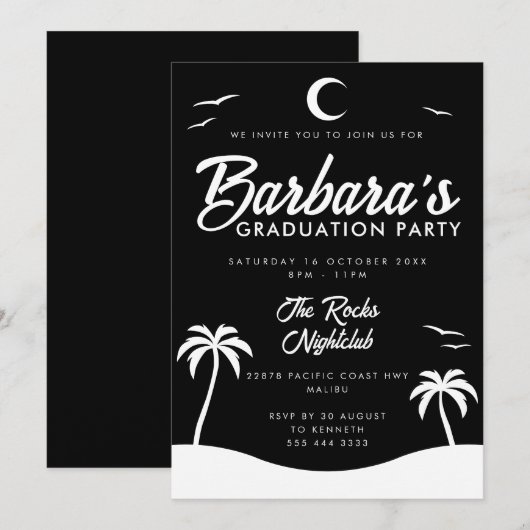 Black White Summer Night Beach Graduation Party 招待状 (正面/裏面)