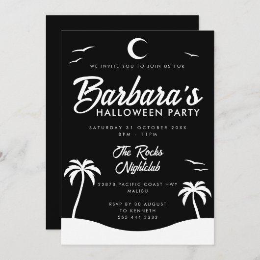 Black White Summer Night Beach Halloween Party 招待状 (正面/裏面)
