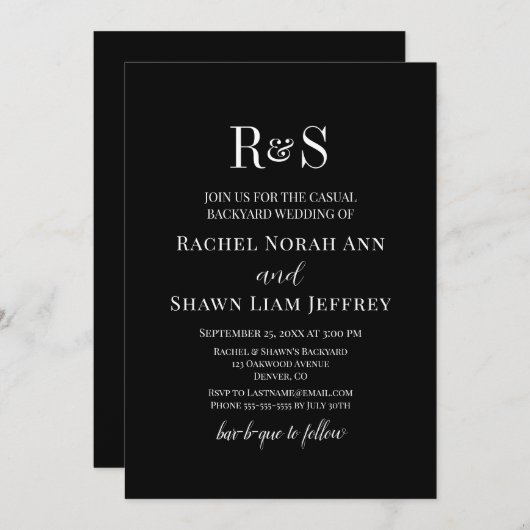 Black & White Text Monogram Backyard Wedding 招待状 (正面/裏面)