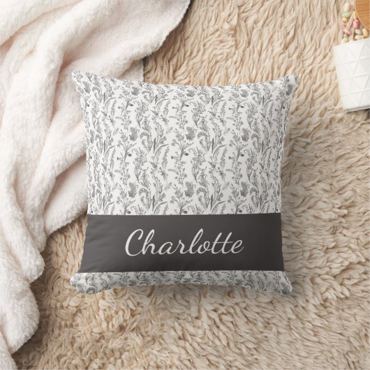 Black White Toile Floral Custom Name クッション (ブランケット)