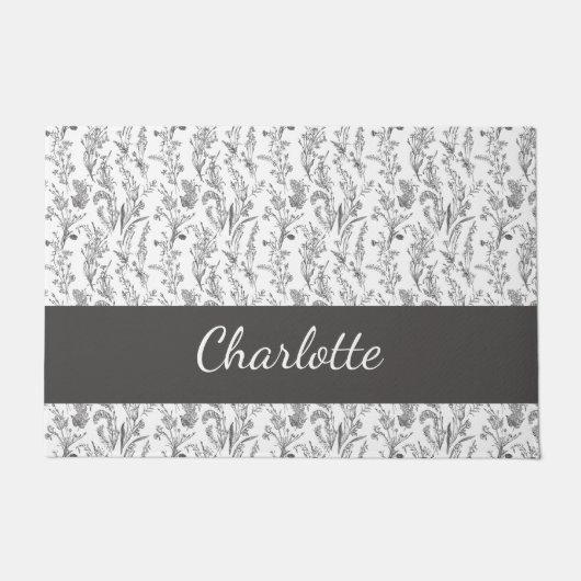 Black White Toile Floral Custom Name ドアマット (正面)