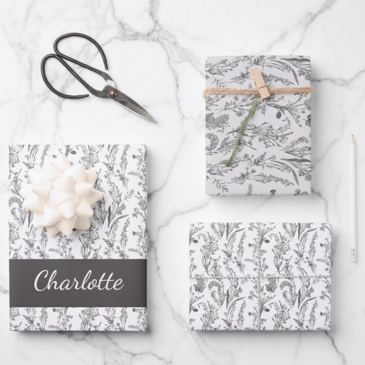Black White Toile Floral Custom Name ラッピングペーパーシート (正面)