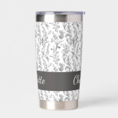 Black White Toile Floral Custom Name 保温保冷タンブラー (左面)