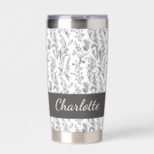 Black White Toile Floral Custom Name 保温保冷タンブラー (正面)