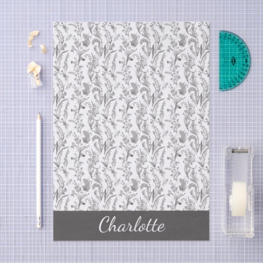 Black White Toile Floral Custom Name 薄葉紙 (クラフト)