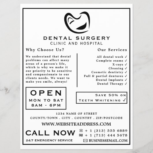 Black & White Tooth Logo歯科、歯医者の広告 チラシ (正面)