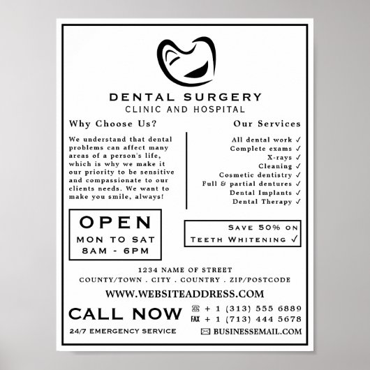 Black & White Tooth Logo歯科、歯医者の広告 ポスター (正面)