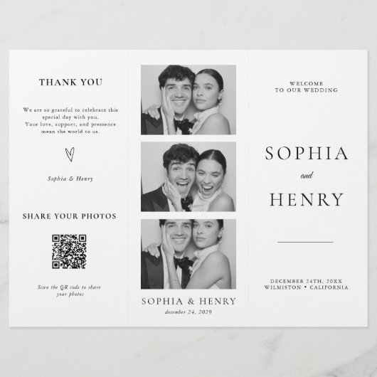 Black White Tri Fold Wedding Program QR Code チラシ (正面)