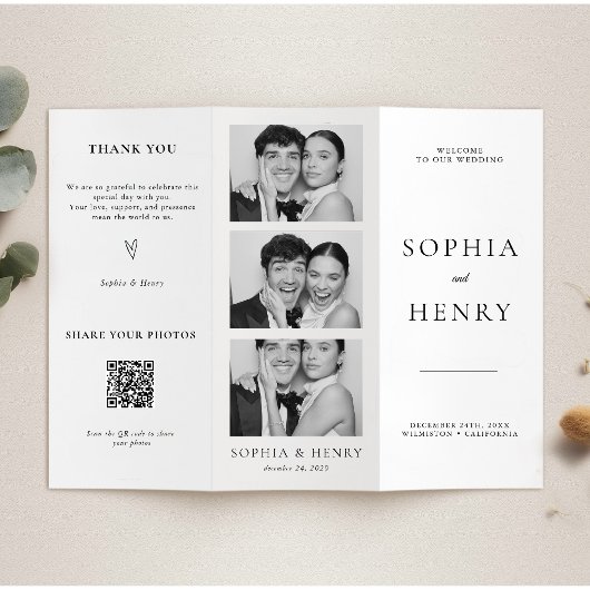 Black White Tri Fold Wedding Program QR Code チラシ
