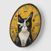 Black & White Tuxedo Cat Home Decor ラージ壁時計 (傾斜)