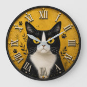 Black & White Tuxedo Cat Home Decor ラージ壁時計 (正面)