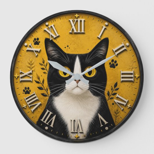 Black & White Tuxedo Cat Home Decor ラージ壁時計 (正面)