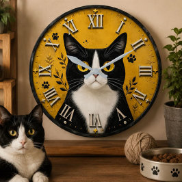 Black & White Tuxedo Cat Home Decor ラージ壁時計