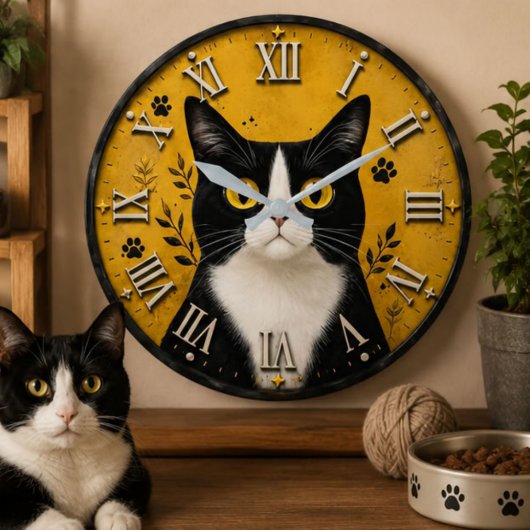 Black & White Tuxedo Cat Home Decor ラージ壁時計