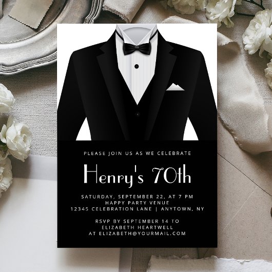 Black White Tuxedo Mens 70th Birthday Party 招待状