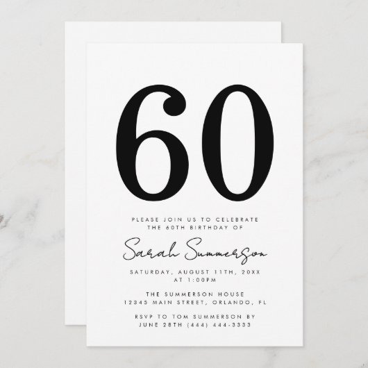Black White Typography Sixty 60th Birthday Party 招待状 (正面/裏面)