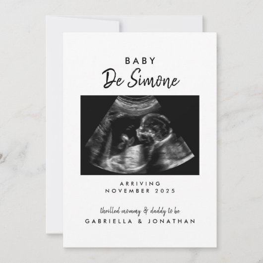  Black White Typography Sonogram Photo Pregnancy 案内状 (正面)