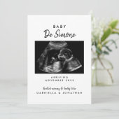 Black White Typography Sonogram Photo Pregnancy 案内状 (スタンド正面)