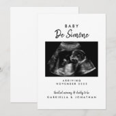  Black White Typography Sonogram Photo Pregnancy 案内状 (正面/裏面)