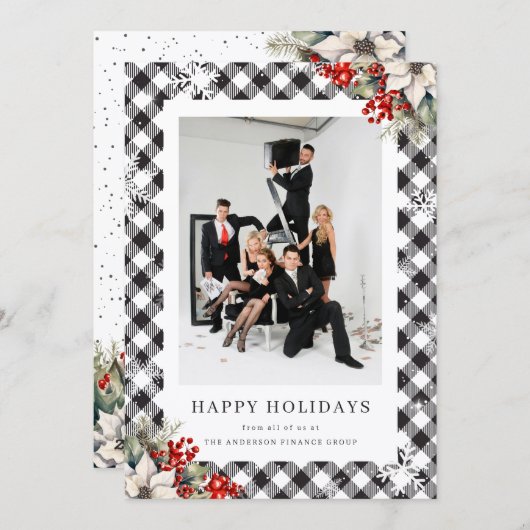 Black White Watercolor Botanical Photo Business シーズンカード (正面/裏面)