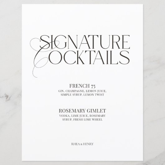 Black & White Wedding Signature Cocktails Sign (正面)