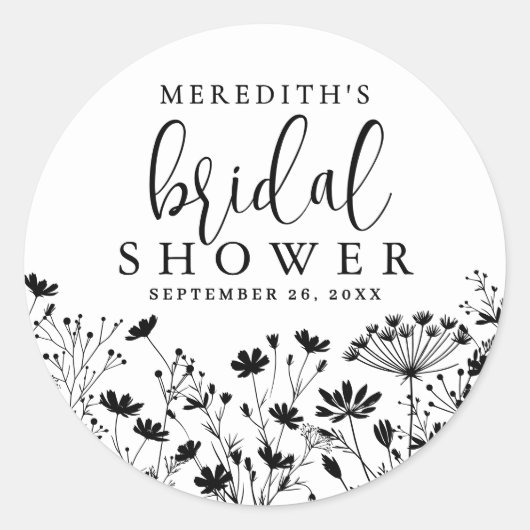 Black White Wildflower Bridal Shower ラウンドシール (正面)
