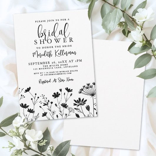 Black White Wildflower Bridal Shower 招待状