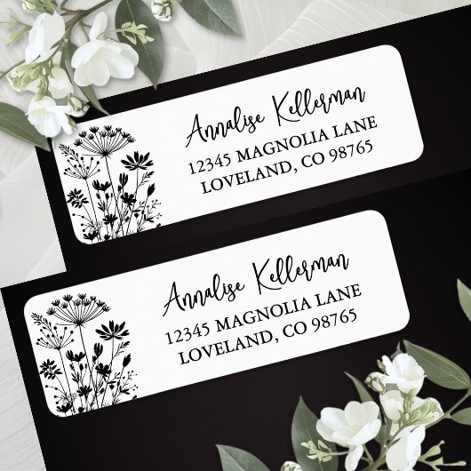 Black White Wildflower Return Address ラベル