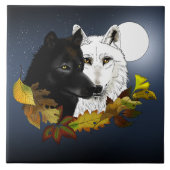 Black White Wolves Moonlight Autumn Leaves タイル (正面)