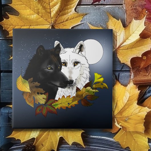Black White Wolves Moonlight Autumn Leaves タイル
