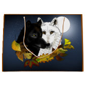 Black White Wolves Moonlight Autumn Leaves ラージペーパーバッグ (正面)
