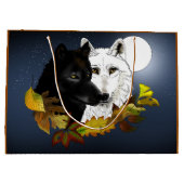 Black White Wolves Moonlight Autumn Leaves ラージペーパーバッグ (裏面)
