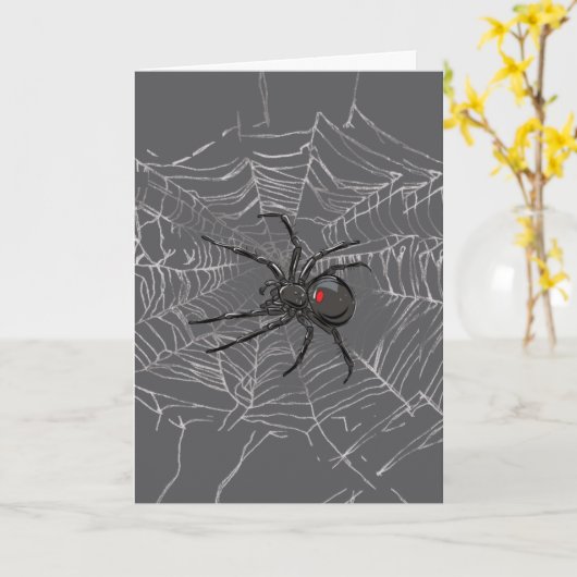 Black Widow Spider And Spiderweb Drawing Art カード (黄色い花)